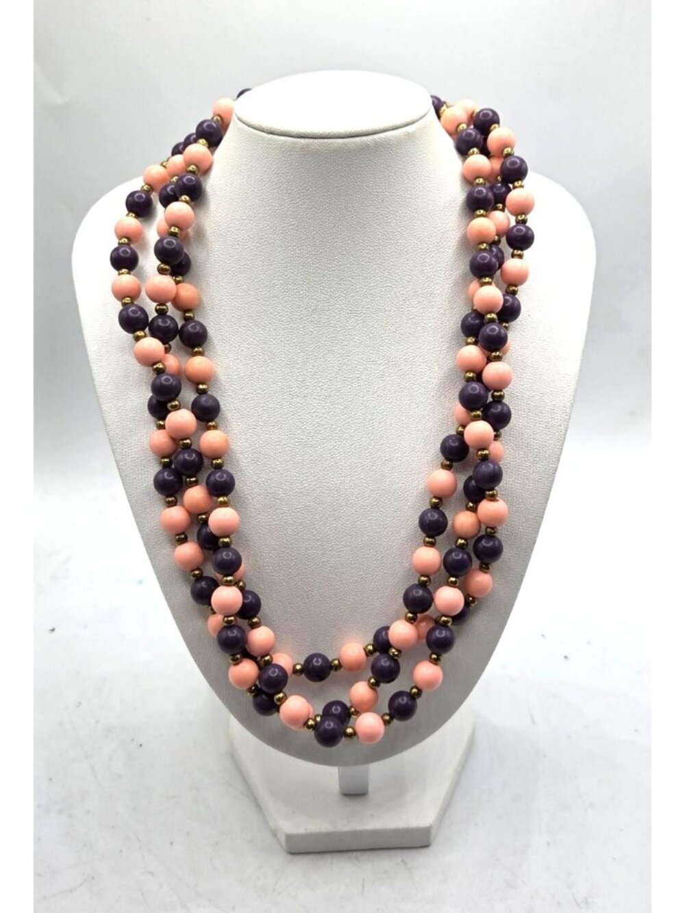 Vintage Pink & Purple Beaded Double Strand Necklace With Gold-Tone Accents